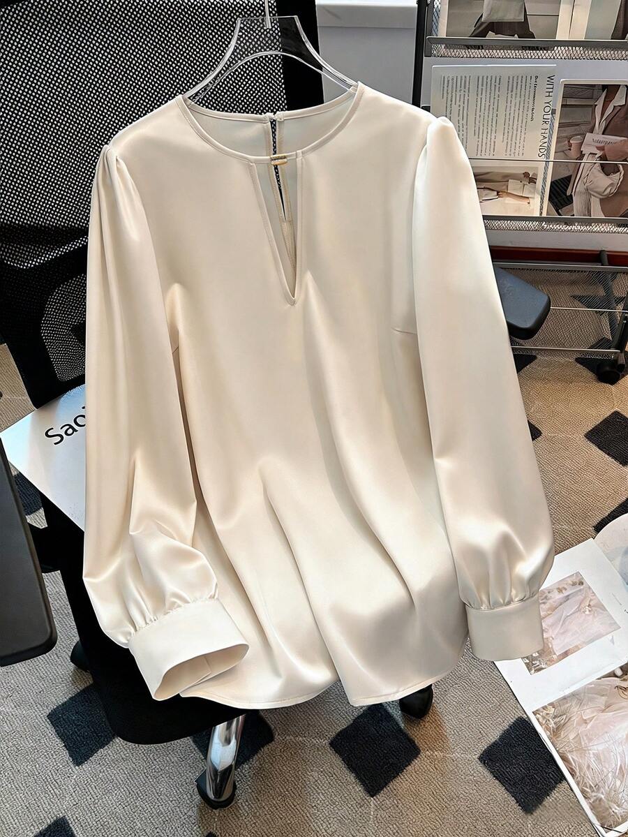 EMERY ROSE Plus Size Women's Solid Color Keyhole Neck Long Sleeve Loose Fashion Blouse - Apricot - View 1