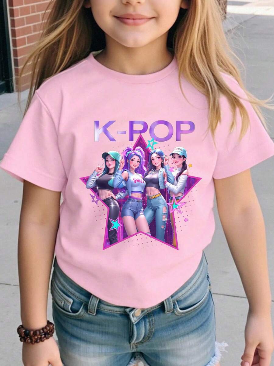 Camiseta de manga corta con estampado de letra y estrella de niña joven, cómoda y de moda, adecuada para fiesta y uso casual, tops de K-pop en color rosa - Rosa - Ver 1
