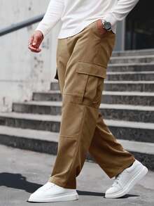 Manfinity Homme Men's Khaki Solid Color Cargo Pocket Straight Leg Casual Pants,Streetwear Autumn Work Cargo Sweatpants For Men - Ginger - View 5