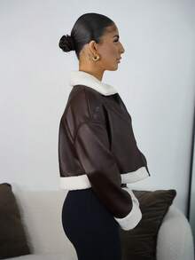 SAYEHFBABY Women's Zipper Closure Faux Fur Collar PU Leather Jacket, Long Sleeve, Autumn/Winter,Fall,Brown Jacket Casual - Coffee Brown - View 5