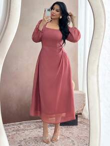 Modelyn 大码女士优雅法式浪漫方领收腰长袖连衣裙 - 粉色 - 查看 1