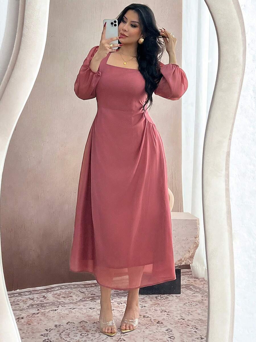 Modelyn 大码女士优雅法式浪漫方领收腰长袖连衣裙 - 粉色 - 查看 1