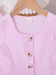 SHEIN 2pcs/Set Tween Girls Elegant Casual Square Neck Button Textured Striped Camisole Top And Loose Wide Leg Pants Set, Suitable For Daily, Commute, Casual, Vacation, Gathering With Friends, Party - Pink - View 4