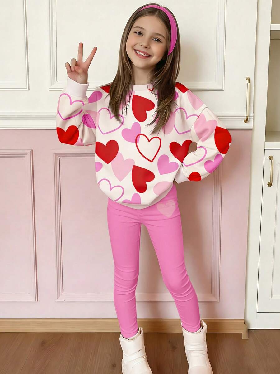 少女爱心图案休闲舒适柔软宽松圆领长袖卫衣和打底裤套装，适合秋冬季日常穿着 - 彩色 - 查看 1