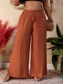 SHEIN Swim Plus Size Women's Vacation Fringe Drawstring Waist Loose Wide Leg Jumpsuit - Rust Brown - View 3