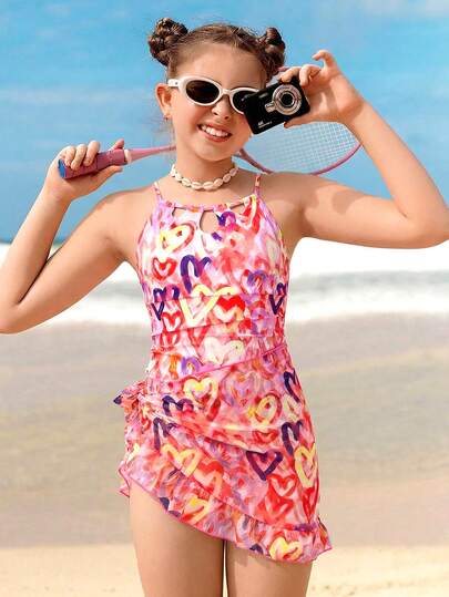 SHEIN Tween Girls Tankinis Fashionable Watercolor Heart-Shaped Printed Knitted Fabric Sleeveless Hollow Out Design Two-Piece Set, One-Piece Swimsuit+Mesh Skirt, Fashionable And Casual, Exquisite And Gorgeous, Suitable For Swimming, Suitable For Summer Vacation, Beach Beach, Swimming Pool, Summer Party, Leisure Vacation Criss Cross One Piece Bathing Suits For Tween Girls Beachwear Tweens Tankinis Tween Tankini Bathing Suit