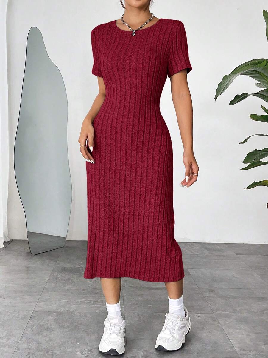 SHEIN EZwear 女士玫瑰红针织修身中长连衣裙 - 玫瑰紅 - 查看 1