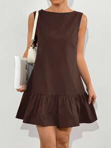 SHEIN EZwear 女款優雅咖啡棕夏季迷你洋裝，無袖可愛娃娃式低腰太陽裙，附蝴蝶結與荷葉邊裙襬，巧克力色梭織早午餐洋裝 - 棕色 - 查看 4