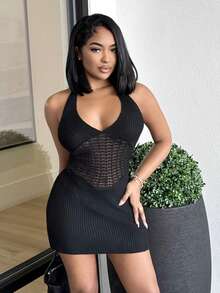 Alexandranx 假日露背無袖針織裙，緊身剪裁，領帶設計 - 黑色 - 查看 5