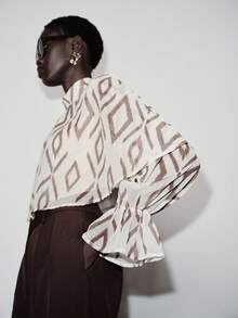 Lumivelle Women's Fashionable Elegant Printed Stand Collar Puff Sleeve Loose Crop Top Spring/Summer Chiffon Fabric With Print, Natural And Versatile.Graphic Tops Women Bell Sleeve Brown Blouses Earthy Tops Scarf Top - Apricot - View 1