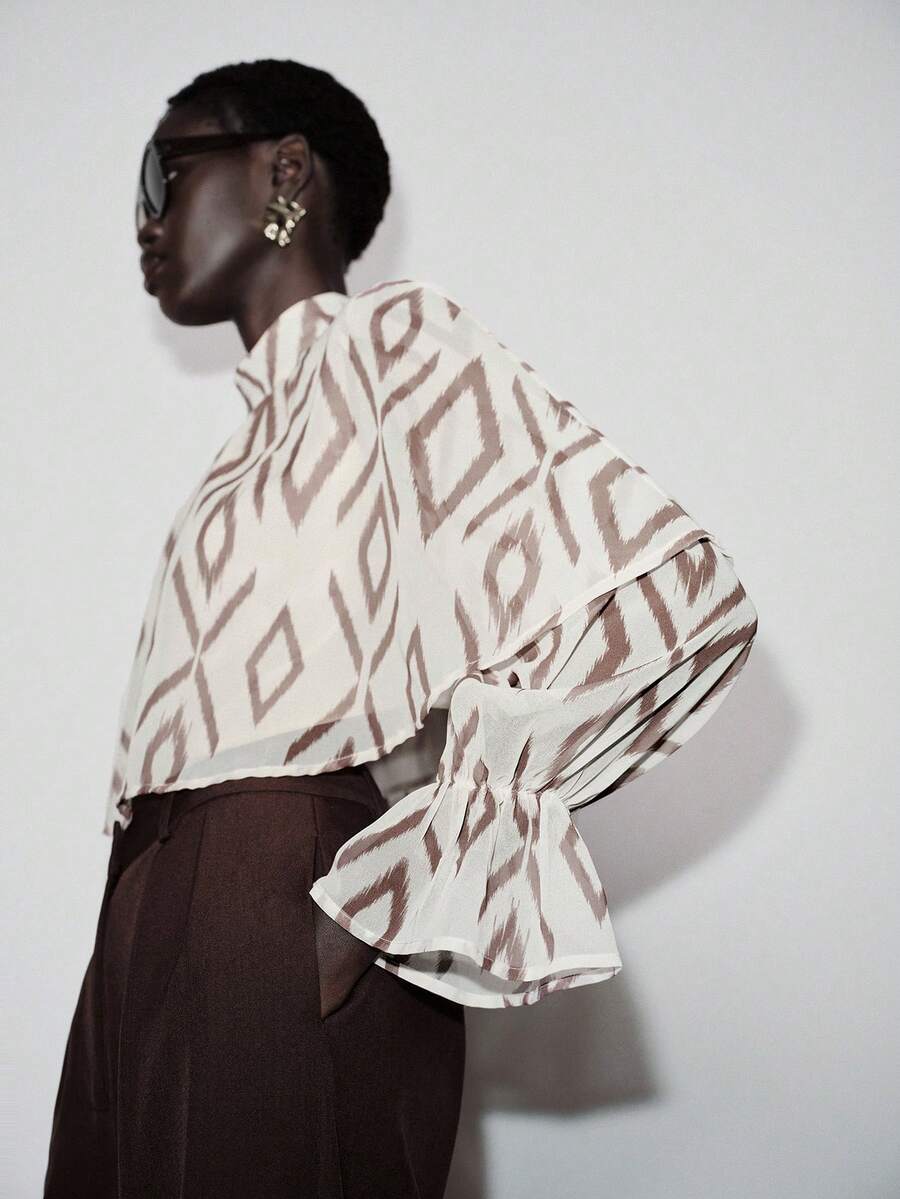 Lumivelle Women's Fashionable Elegant Printed Stand Collar Puff Sleeve Loose Crop Top Spring/Summer Chiffon Fabric With Print, Natural And Versatile.Graphic Tops Women Bell Sleeve Brown Blouses Earthy Tops Scarf Top - Apricot - View 1