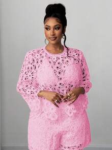 Maweii 大码女式镂空花卉圆领长袖优雅时尚衬衫 - 淺粉色 - 查看 4