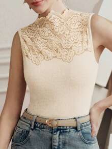 Anewsta Top sin mangas de mujer con cuello alto simulado y parches de encaje en color albaricoque - Albaricoque - Ver 1