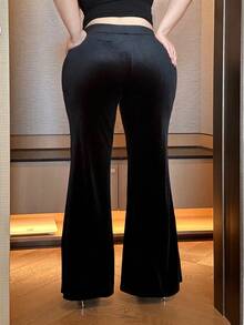 Vibekara Plus Size Black Velvet Slim Fit Flared Leg Pants, Stylish & Slimming, Autumn/Winter - Black - View 2