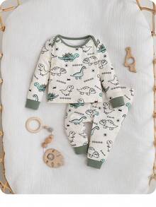 Newborn Baby Boy Cute Casual Cartoon Pattern Patchwork Long Sleeve Pajama Set Neutral - Green - View 3