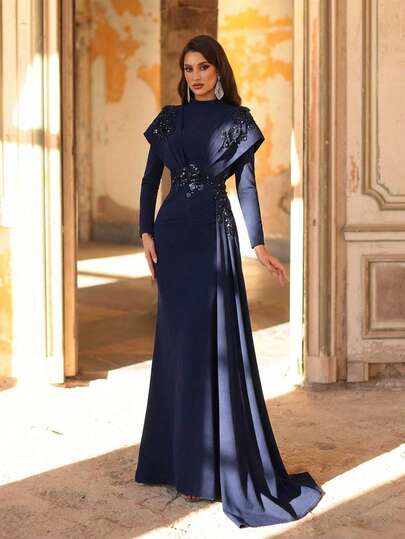 Aureia Elegant, Romantic, Dignified Navy Blue Stretch Fabric Pleated Decor Applique Long Sleeve Fishtail Hem Trailing Formal Gown For Holiday, Birthday Party, Wedding Event, Formal Dinner, Valentine's Day
