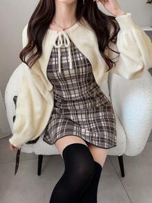 FRIFUL 2pcs Set: Plaid Cinched Waist Fitted Mini Dress & Lantern Sleeve Casual Pullover Sweater - Apricot - View 1