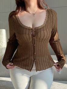 Dazy Plus Contrast Lace Tight Crew Neck Short Sleeve T-Shirt, Vacation Style, Spring/Summer - Brown - View 5