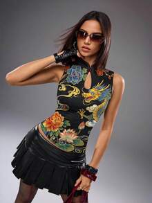 Y2Kool BiGraphic Top ajustado de mujer con estampado de dragón, de estilo chino nuevo, con elementos orientales y florales, sexy y casual, adecuado para verano, otoño, vacaciones, reuniones, fiestas y uso diario - Negro - Ver 6