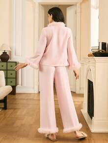 Mature French Elegant Women Faux Fur Patchwork Long Sleeve Top And Pants Pajama Set - Pink - View 2