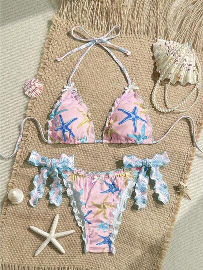 Swim Mod 2pcs/Set Women Bikini Set, Ribbed Starfish Decor Halter Neck Triangle Swimwear, Casual Beach Vacation