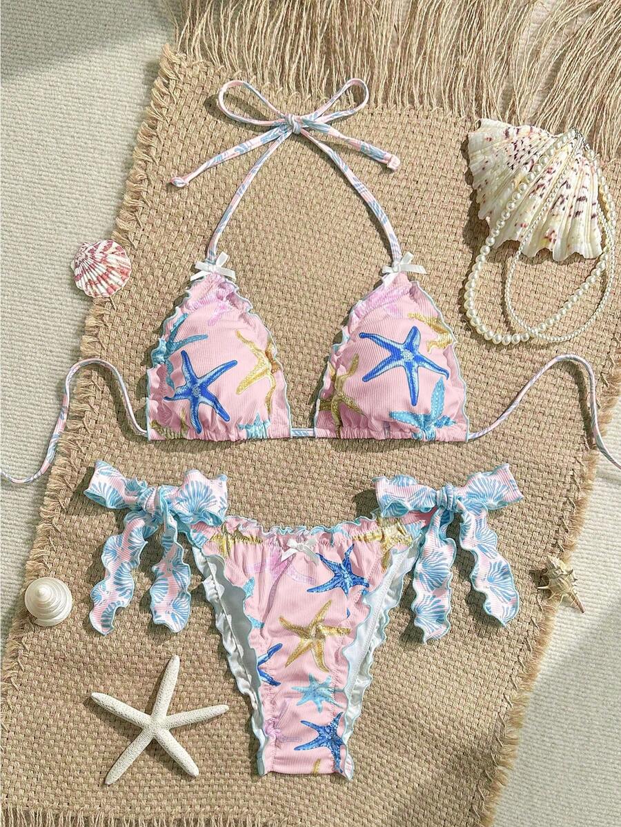 Swim Mod 两件套女士比基尼套装，罗纹海星装饰挂脖三角泳衣，休闲海滩度假 - 彩色 - 查看 1