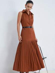 Aveloria Modichic Fashionable Design Sense Casual Pleated 2 In 1 Lapel Sleeveless Dress - Brown - View 1