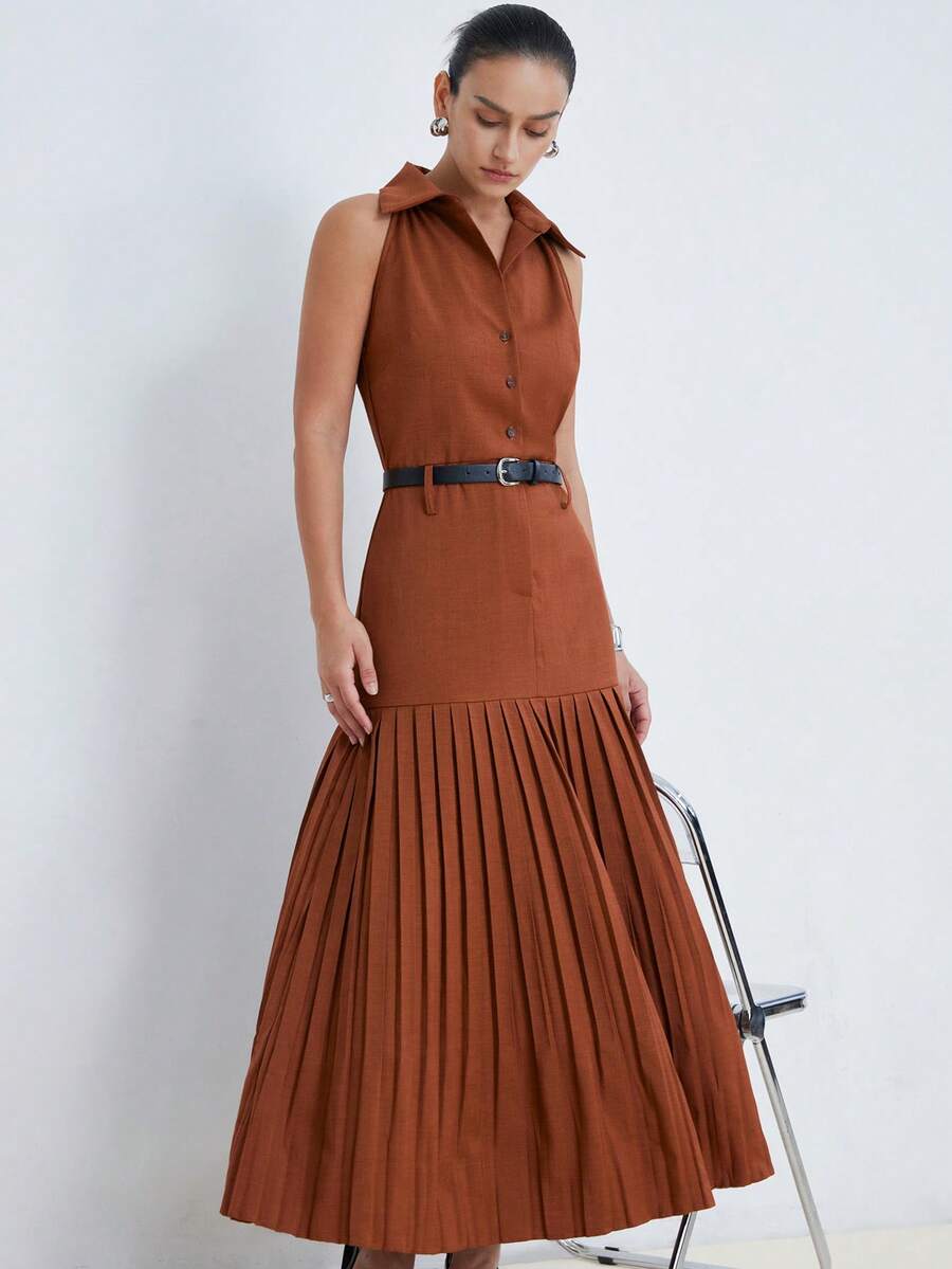 Aveloria Modichic Fashionable Design Sense Casual Pleated 2 In 1 Lapel Sleeveless Dress - Brown - View 1