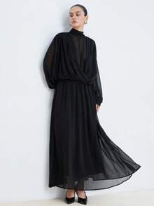 Aveloria Modichic New Arrival Fashionable Elegant Women's Stand Collar Semi-Sheer Pleated Dress - Black - View 2