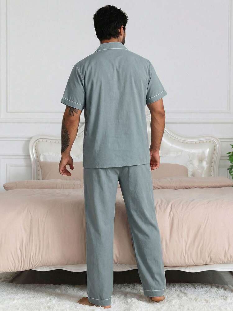 Men's Solid Blue Short Sleeve Shirt And Shorts Pajama Set, Spring/Summer