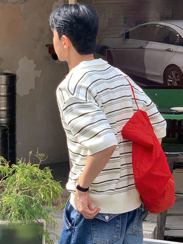 Men Striped Pattern Drop Shoulder Knit Top Summer
