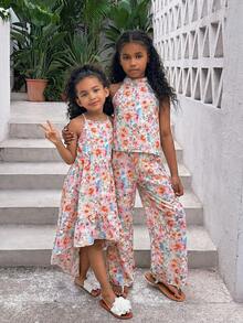 Young Girl Elegant Minimalist Halter Floral Print Sleeveless Dress - Baby Pink - View 6