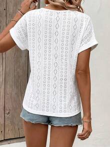 SHEIN LUNE Women's Hollow Out Embroidery V-Neck Short Sleeve Casual T-Shirt - White - View 2