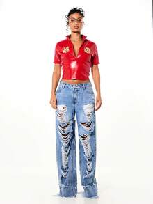 SUMWON WOMEN 短袖足球球衣式拉链露脐上衣，带图案标志，适合秋季休闲外出穿着 - 紅色 - 查看 6