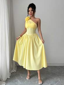 Rafferiza Mẫu đầm midi dáng suông, thanh lịch kiểu Pháp đơn giản, vai lệch, họa tiết hoa, eo thắt, chất liệu trang trí, dành cho nữ, thích hợp cho mùa xuân/hè. - Màu vàng - Xem 4