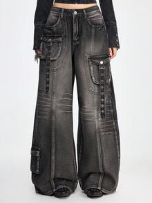 ROMWE Grunge Punk Vintage Punk Metal Grommet Loose Wide Leg Jeans - Black - View 1