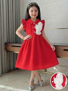 Young Girls' Sweet Red Sleeveless Dress,Collar Design With Ruffled Shoulder Trim,3D Decorative Accent,Flared Skirt For Summer Party & Birthday - Red - View 7