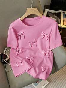 EMERY ROSE 女士休闲圆领3D蝴蝶结短袖T恤，夏季款式，大码上衣 - 粉色 - 查看 1