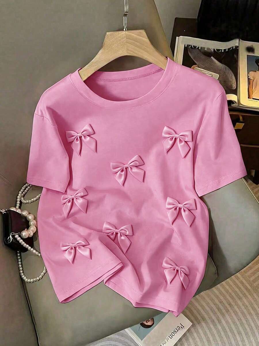 EMERY ROSE 女士休闲圆领3D蝴蝶结短袖T恤，夏季款式，大码上衣 - 粉色 - 查看 1