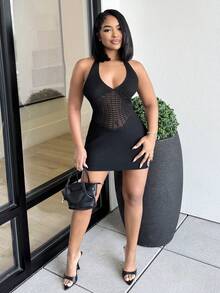 Alexandranx 假日露背無袖針織裙，緊身剪裁，領帶設計 - 黑色 - 查看 3