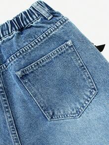SHEIN Quần jeans ống rộng rách rưới thêu họa tiết thời trang dành cho nữ tuổi teen, chất liệu denim mài kiểu cổ điển, màu xanh lam trung bình, phù hợp cho mùa xuân, hè, thu và đông. - Rửa nhẹ - Xem 4