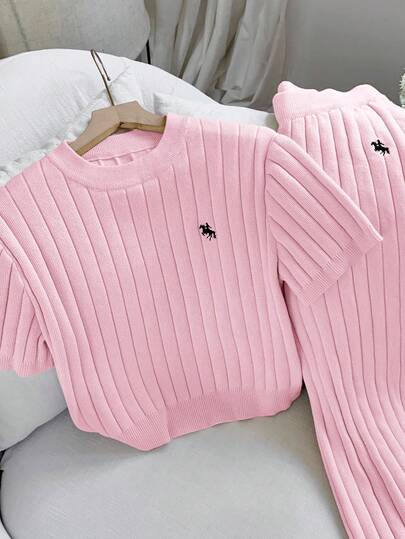 Comfortcana Solid Color Crew Neck Short Sleeve Ribbed Knit Casual Comfortable Sweater Set Pink Clothes Pink Sweater Baby Pink Tops Pink Matching Set Sweater Sets For Women