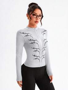 Dewbera Áo khoác thể thao nữ màu trắng không đường may kiểu Gothic, thích hợp cho chạy bộ, tập thể dục, hoạt động ngoài trời và mặc hàng ngày, mùa thu/đông. - Đen và trắng - Xem 4