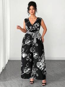 Elenzga 大码女式印花交叉V领无袖阔腿连体裤 - 彩色 - 查看 3
