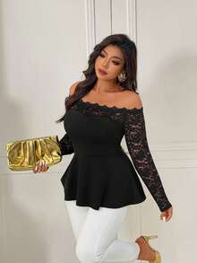 Femmeverse 大码女式露肩蕾丝边拼接纯色针织衫 - 黑色 - 查看 5