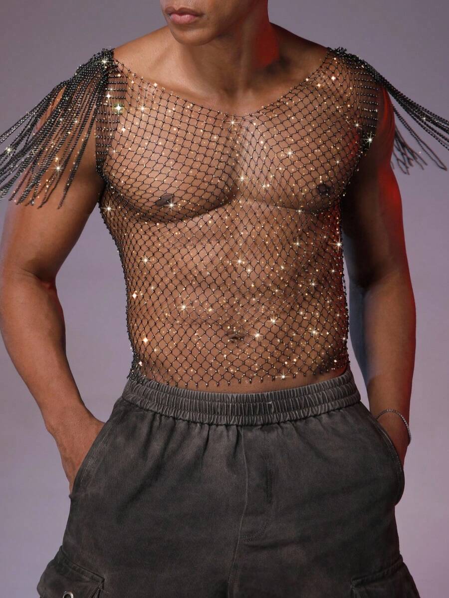 DSELFIQUE 男士镂空性感流苏无袖背心 - 黑色 - 查看 1