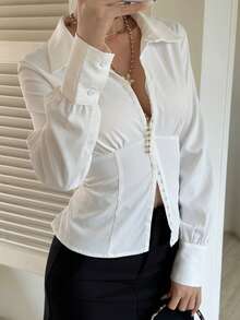 Livesso Women's Lace Trim Hollow Out Casual Blouse, Elegant Office Wear, Suitable For Valentine's Day, Wedding, Vacation, Slim Fit Long Sleeve Shirt, Spring/Summer - White - View 2