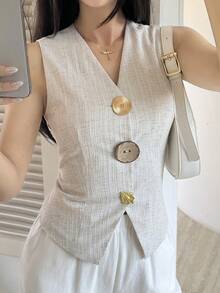 Livesso 女士无袖金属扣装饰休闲办公装，优雅修身开衫衬衫，适合情人节、婚礼、通勤、春夏季节穿着。 - 米色 - 查看 8