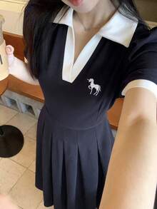 DAZY 女士休闲刺绣撞色Polo领中长连衣裙，夏季婚礼宾客礼服/吊带裙 - 藏蓝色 - 查看 1
