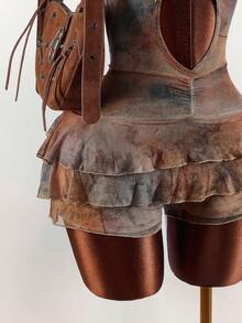 Amplova Women's Tie-Dye Print Halter Neck Jumpsuit, Sexy & Avant-Garde For Vacation, Retro & Cute With Ruffle Hem - Multicolor - View 8